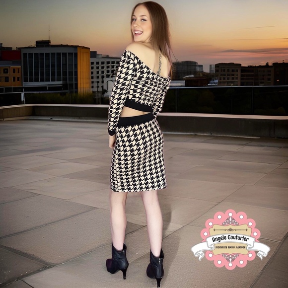 NEW Handmade two-piece outfit houndstooth print fitted skirt crop top - Picture 2 of 4